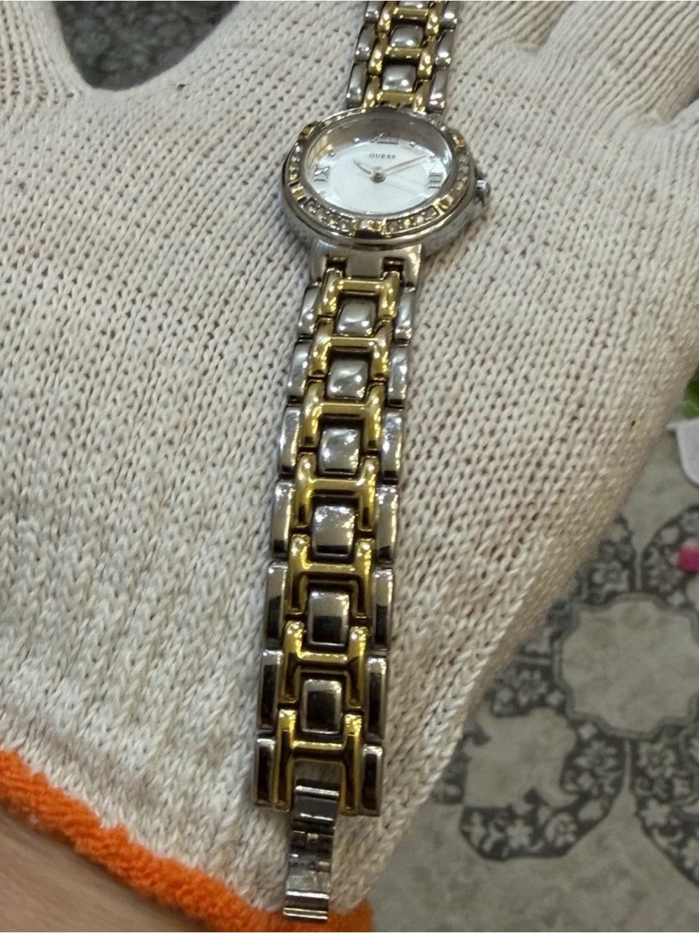 Guess Womens Watch G75479L Two Tone Silver Gold Crystal Bezel Roman Numeral